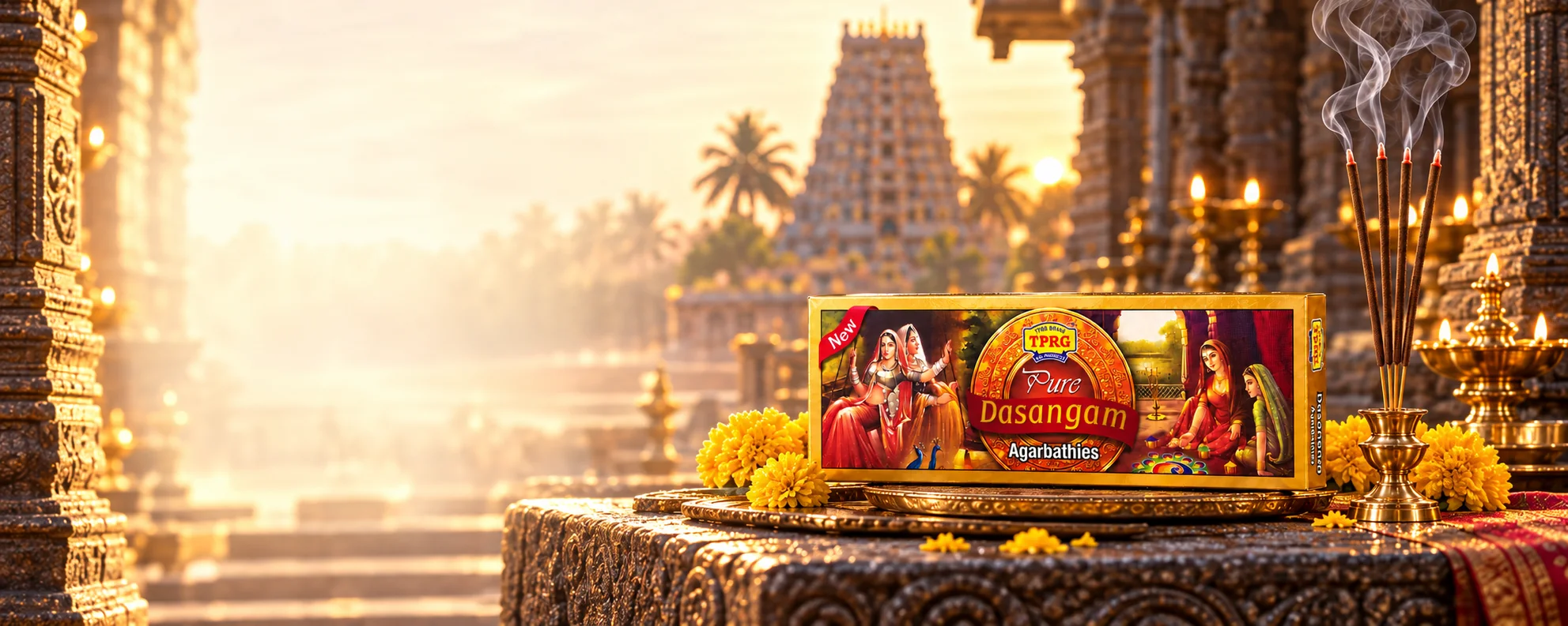TPRG Dasangam Agarbathi and lit incense at a sunlit temple