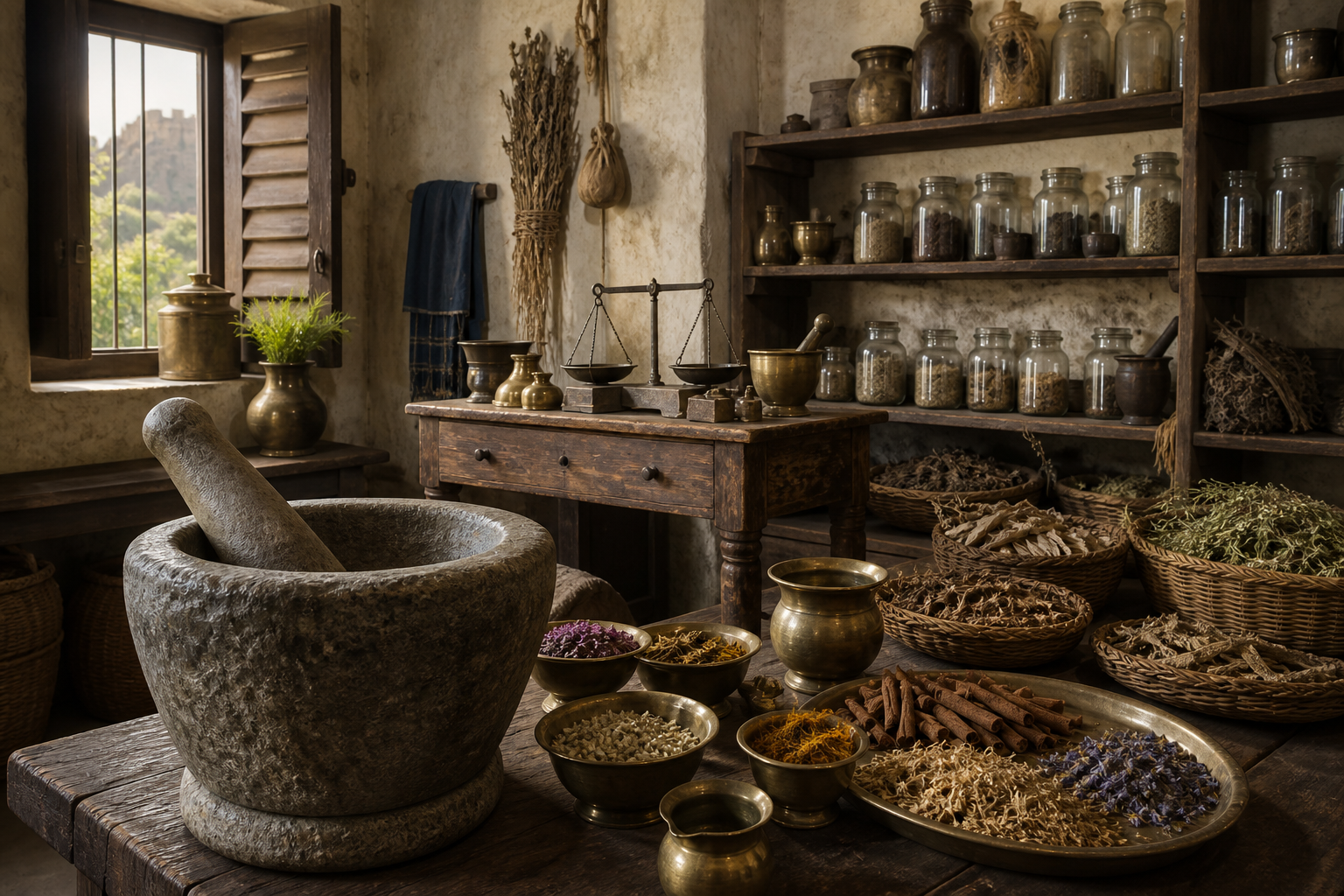 Artistic reconstruction of an early TPRG herbal workshop with a stone mortar, brass bowls, botanicals and a balance scale